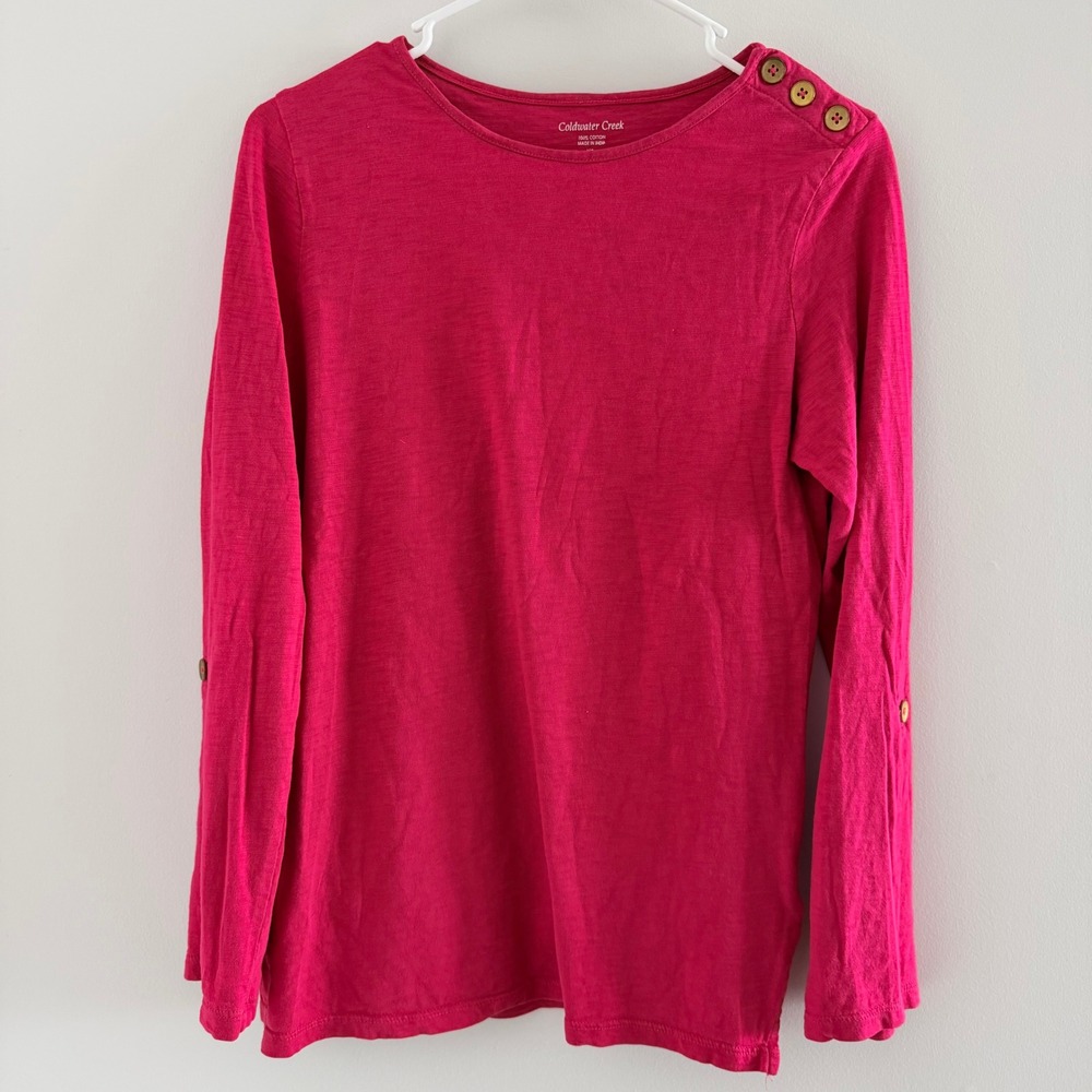 Coldwater Creek Womens Raspberry Pink Cotton Slub‎ Button Shoulder Top XS 4-6
